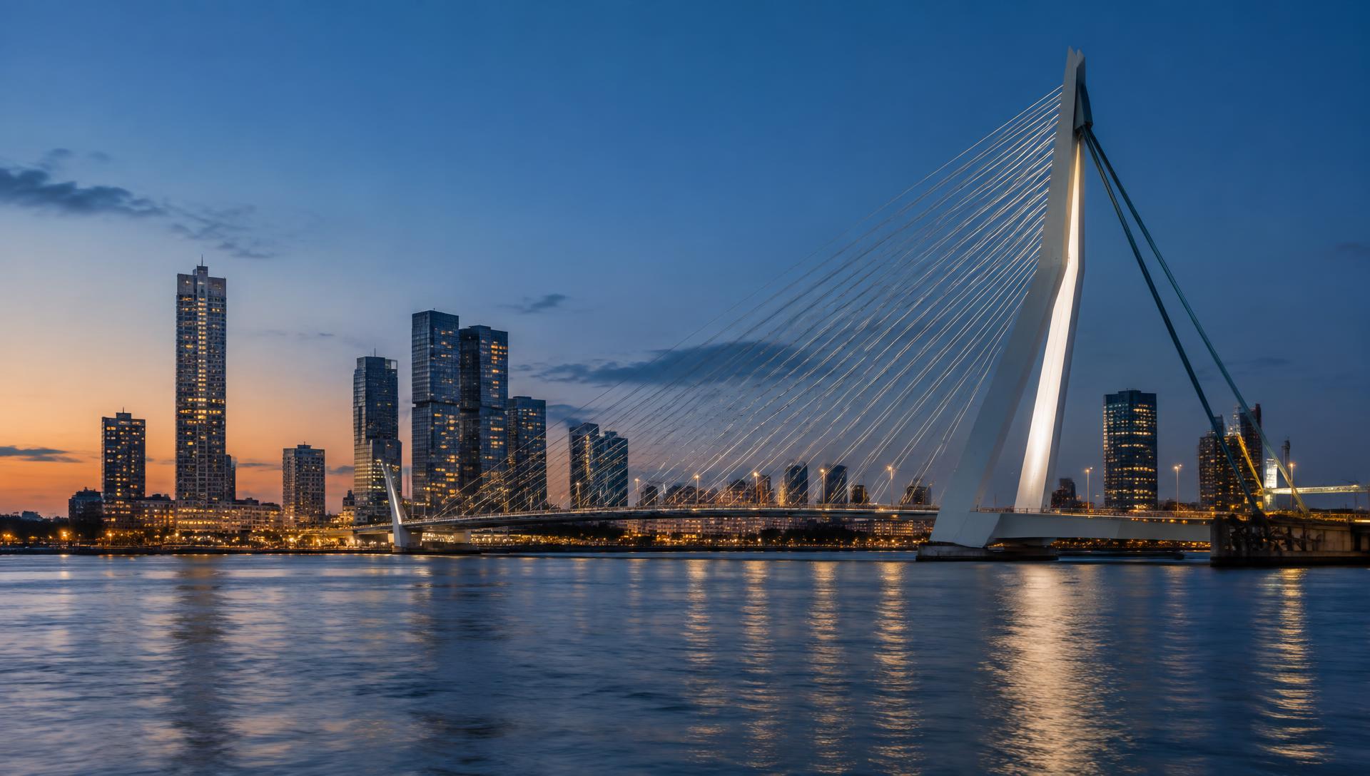 Erasmusbrug en skyline van Rotterdam bij avondlicht
